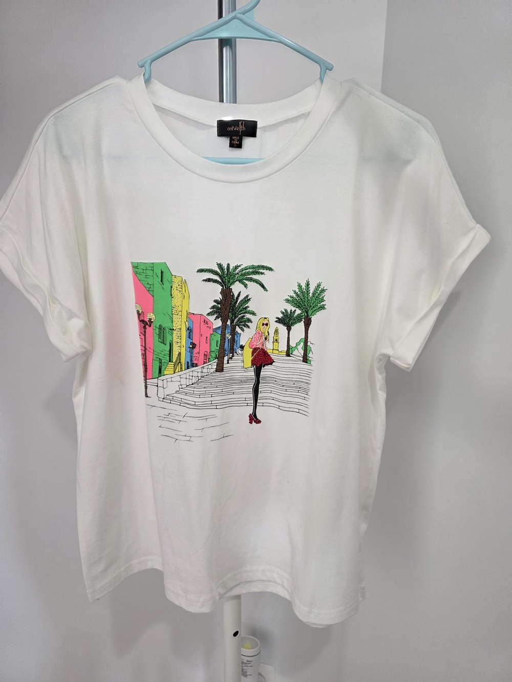 White Graphic Tee with Colorful City Print